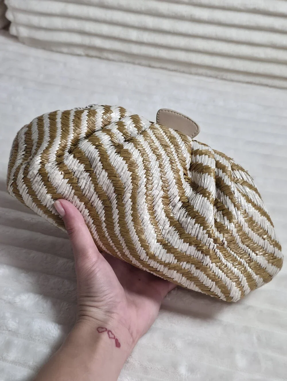 Badgley Mischka Jewel Tiger Raffia Pouch Clutch, One Size, Tan, Missing Chain